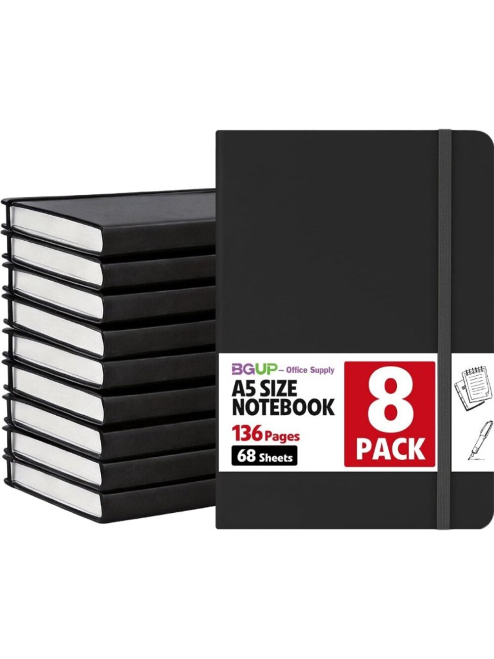 8-Pack A5 Lined Journals, Hardcover Notebooks for Writing & Note Taking, 136